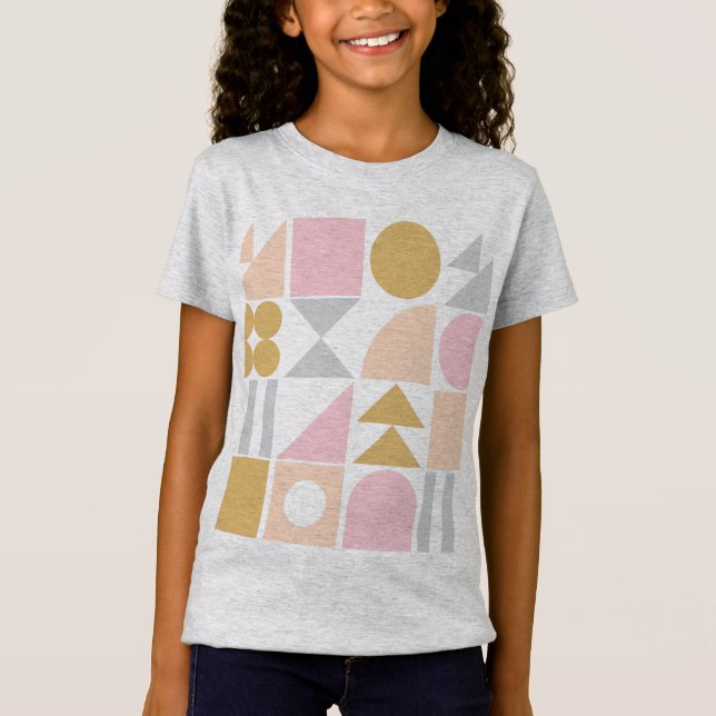 Geometriska former Mönster i Pastel Rosa och Guld T Shirt (Framsida)