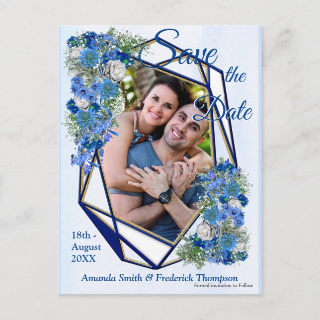 Geometriska Guld-Navy ramar & Blå Blommor Meddelande Vykort (Framsida)