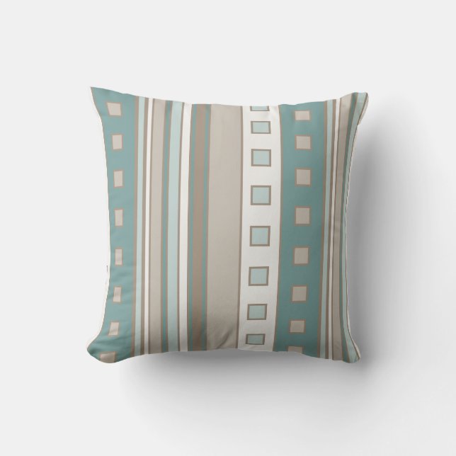 Geometriska kvadrater och Rand, Teal, Brown Seafoa Kudde (Framsida)