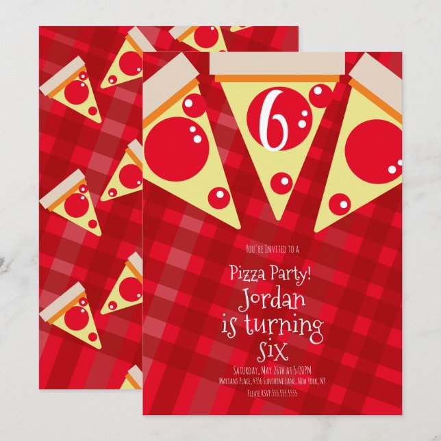 Geometriska pizzaskivor fest röda födelsedag    inbjudningar (Fram/baksida)