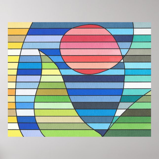 Geometriska ränder med röd cirkel och gröna kurvor poster (Framsidan)