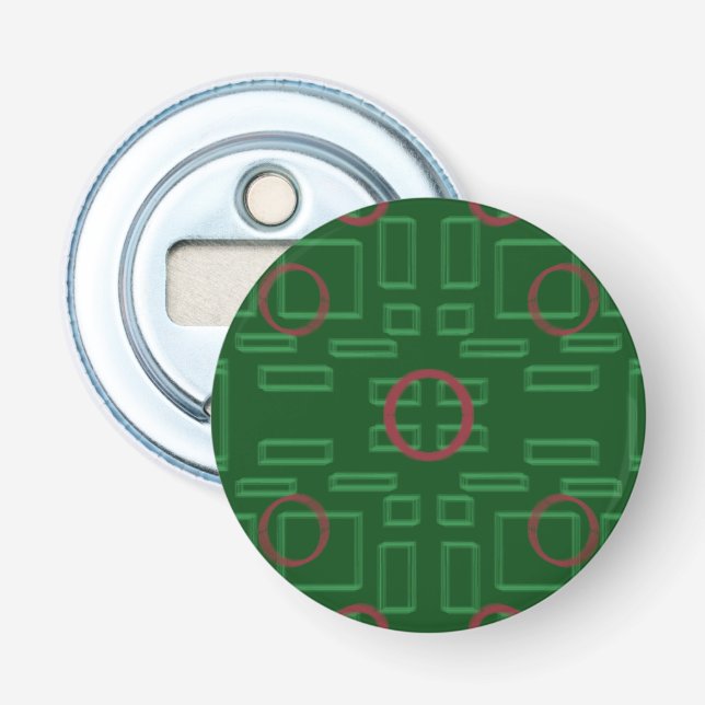 Geometriska rutor på Grönt Button Bottenöppnare Flasköppnare (Framsidan)