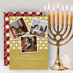 Geometriska stjärnor av David Guld Hanukkah 3-foto Julkort<br><div class="desc">Det här moderna Hanukkah-kortet har tre omedelbara fotosamlingar på bakgrunden mönster av geometriska stjärnor mönster. Hälsning är en blandning av typografi av ett handskriftsskript för trendig och enkel sans serif-text. Hälsning och bakgrund "Lycklig Hanukkah" kan ändras till valfritt färg. Designade/ursprungliga teckningar efter tjock*fa*tin*i. Enkel att anpassa med ditt eget textmeddelande,...</div>