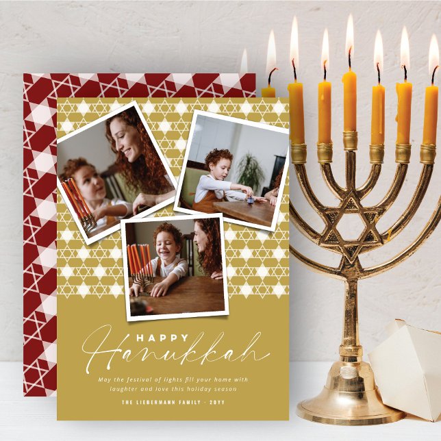 Geometriska stjärnor av David Guld Hanukkah 3-foto Julkort (Skapare uppladdad)