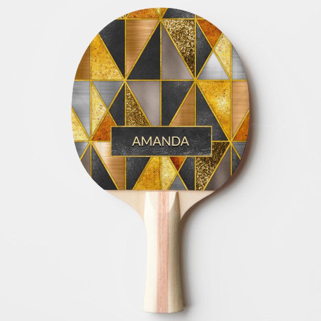 Geometriska trianglar för elegant guld svartvit si pingisracket (Framsidan)