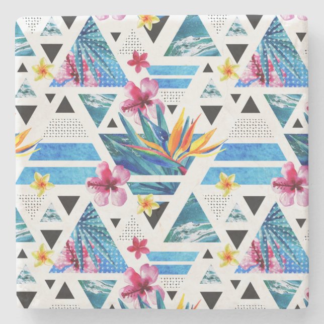 Geometriska tropiska blommor Mönster Stenunderlägg (Framsidan)