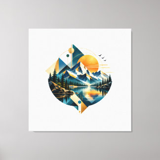 Geometriskt Bergssjölandskap Solnedgång Canvastryck