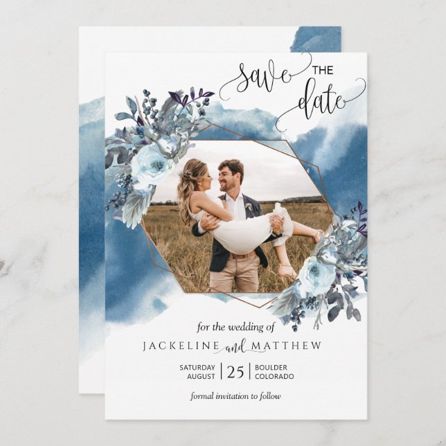 Geometriskt blått foto-Elegant Spara Datumet (Fram/baksida)