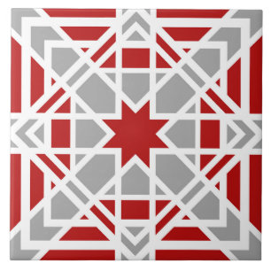 Geometriskt, dekorativt, rött, vitt, lätt grått kakelplatta