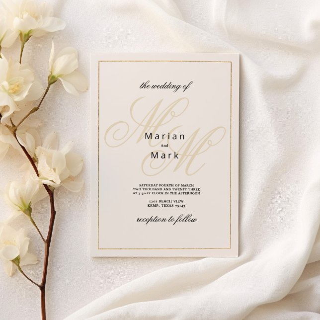 Geometriskt elfenben guld monogram initialer Bröll Inbjudningar (Geometrical ivory gold monogram initials Wedding )