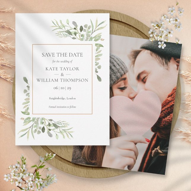 Geometriskt foto Bröllop i Guld i vattenfärgen Gre Spara Datumet (Watercolor Greenery Gold Geometric Photo Wedding Save The Date)