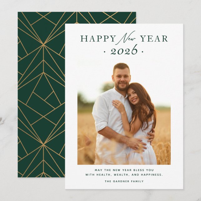 Geometriskt foto för Grönten gott nytt år Guld Julkort (Fram/baksida)