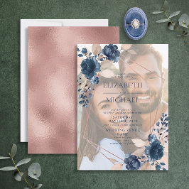 Geometriskt foto för ro Guld Dusty Rosa Navy Blomm Inbjudningar