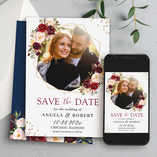 Geometriskt foto för Rustic Burgundy Blommigt Navy Spara Datumet (Skapare uppladdad)