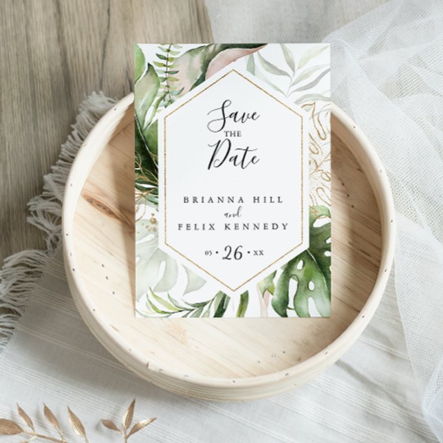 Geometriskt guld Tropisk grönska Spara datum Vykort (Skapare uppladdad)