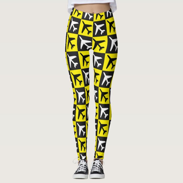 Geometriskt gult flygande jetflygplan leggings (Framsida)