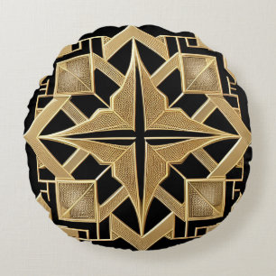 Geometriskt gyllene Art Deco-mönster Rund Kudde