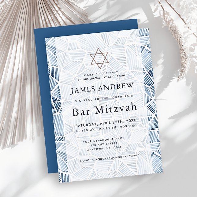 Geometriskt Indigo Mönster Akvarell Bar Mitzvah Inbjudningar (Skapare uppladdad)