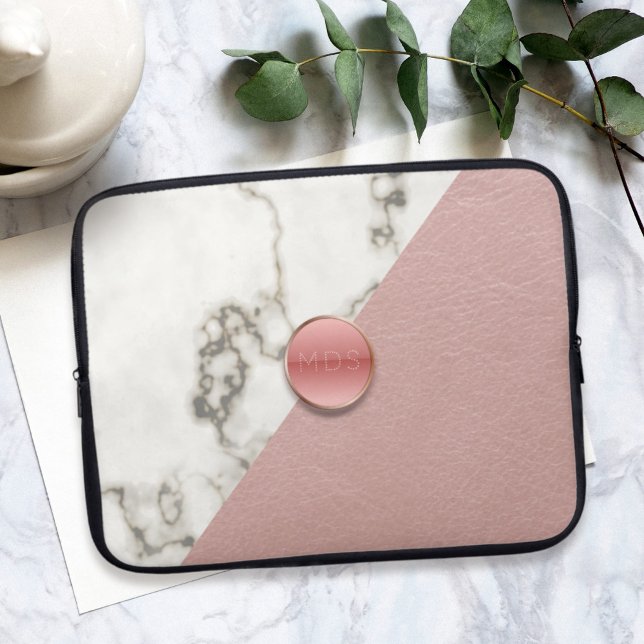  geometriskt modernt marble Monogram för Rosa Laptop Fodral (Blush Pink Geometric Modern Marble Monogram Laptop Sleeve. Just add your initials)