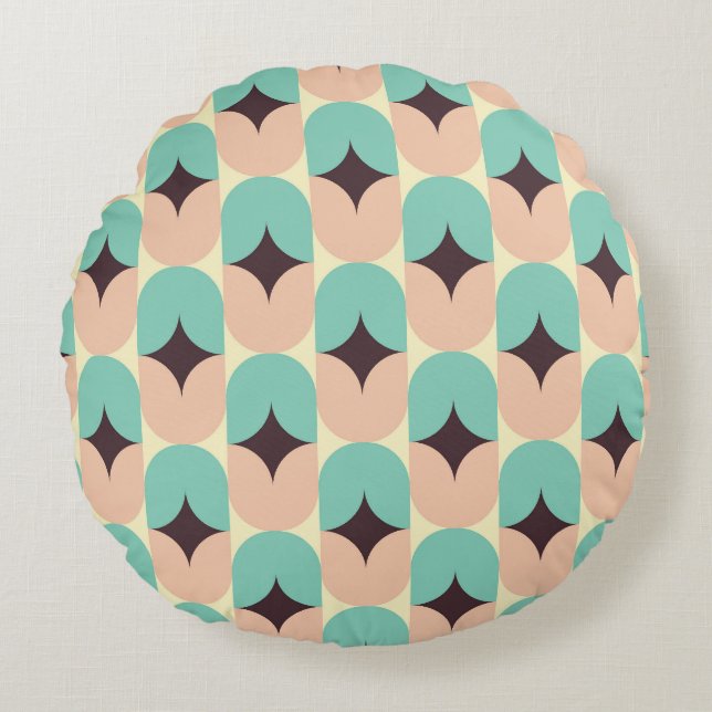 Geometriskt mönster av teal, beige och svarta form rund kudde (Framsidan)