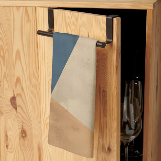 Geometriskt mönster i blått, tan och rost kökshandduk (Thirds Fold)