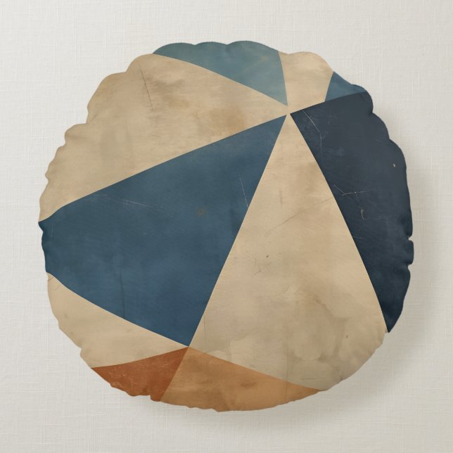 Geometriskt mönster i blått, tan och rost rund kudde (Framsidan)