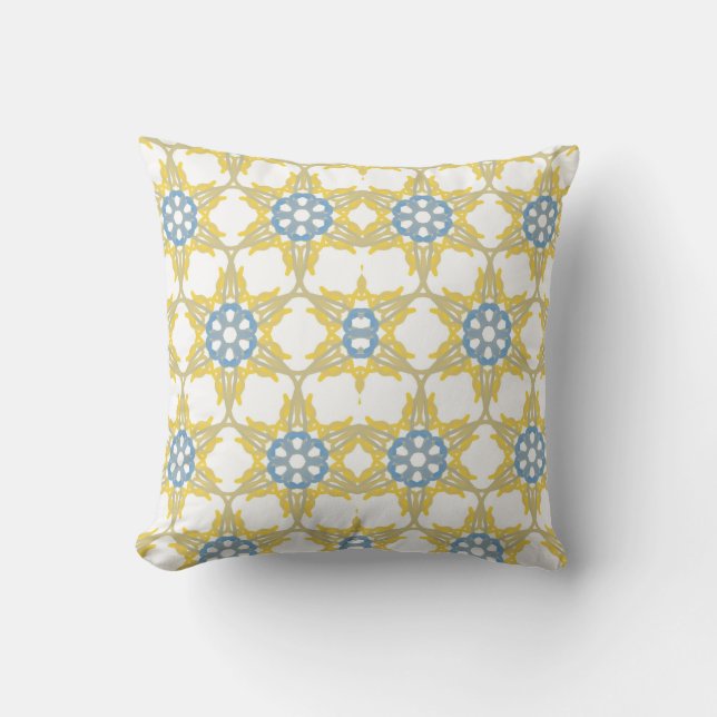 Geometriskt Mönster i Gult, vitt och blått. Kudde (Framsida)