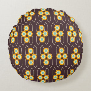 Geometriskt mönster med orange och blå hexagoner rund kudde