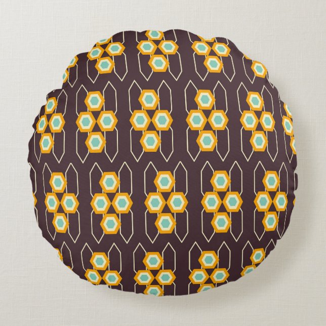 Geometriskt mönster med orange och blå hexagoner rund kudde (Framsidan)