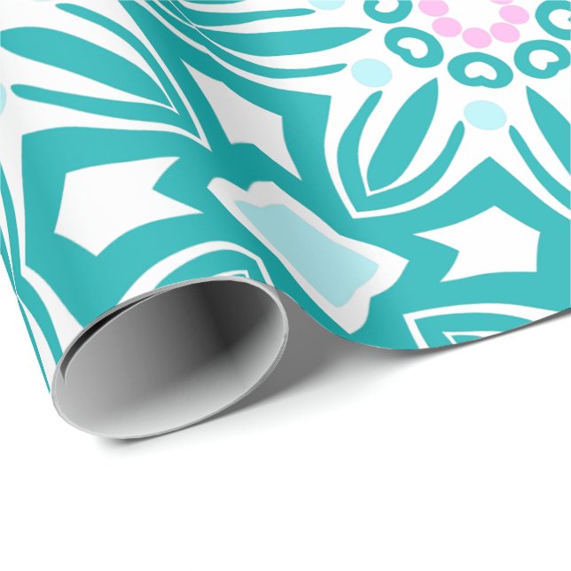 Geometriskt mönster med teal, vit och rosa motiv presentpapper (Rullad Hörn)