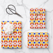 Geometriskt Pixel Blommönster i Röd Orange Gul