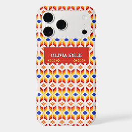 Geometriskt Pixel Blommönster i Röd Orange Gul