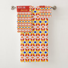 Geometriskt Pixel Blommönster i Röd Orange Gul