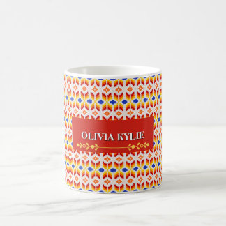 Geometriskt Pixel Blommönster i Röd Orange Gul Kaffemugg