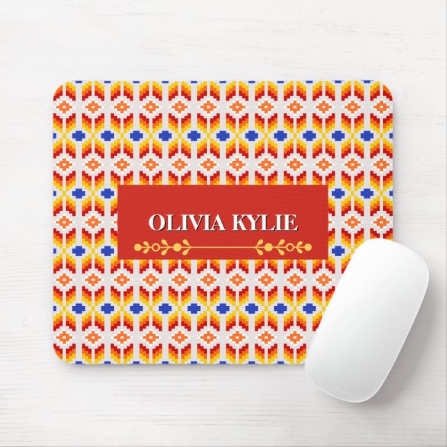 Geometriskt Pixel Blommönster i Röd Orange Gul Musmatta (Med mus)