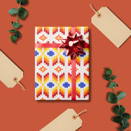 Geometriskt Pixel Blommönster i Röd Orange Gul Presentpapper