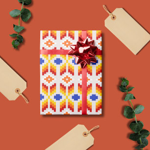 Geometriskt Pixel Blommönster i Röd Orange Gul Presentpapper
