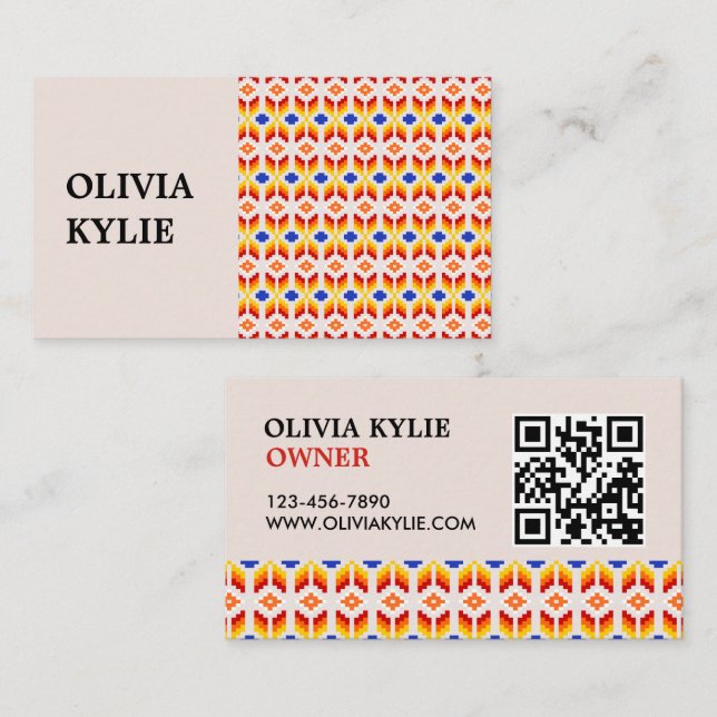 Geometriskt Pixel Blommönster i Röd Orange Gul Visitkort (Fram/baksida)