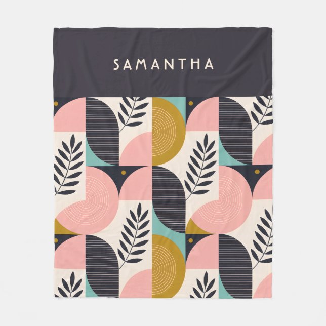 Geometriskt Retro Bladmönster Stilrent Monogram Fleecefilt (Framsidan)