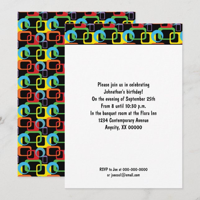 Geometriskt Retro Flerfärgat Mönster Födelsedag Inbjudningar (Fram/baksida)