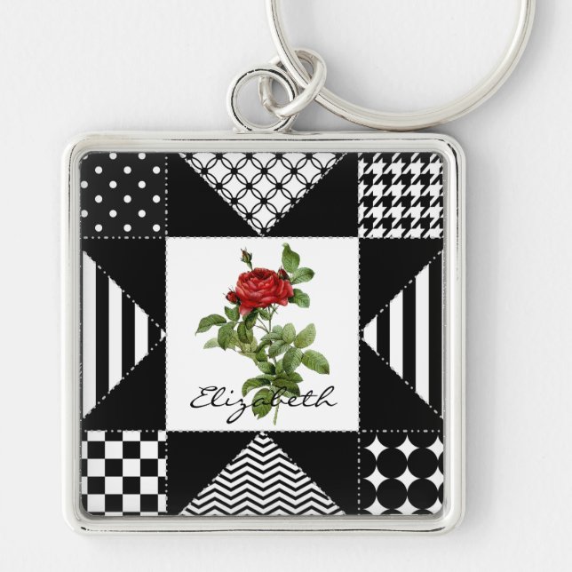 Geometriskt Rosennamn Fyrkantig Silverfärgad Nyckelring (Framsidan)