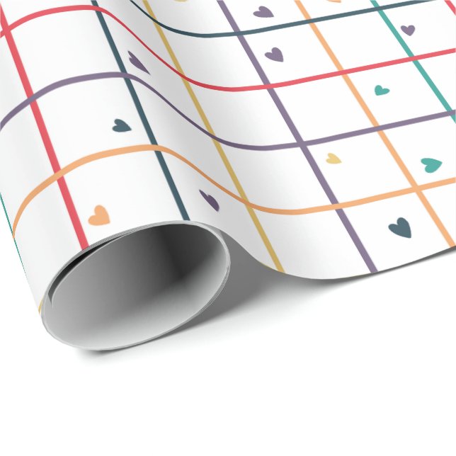 Geometriskt rutnät med spridda hjärtan presentpapper (Rullad Hörn)