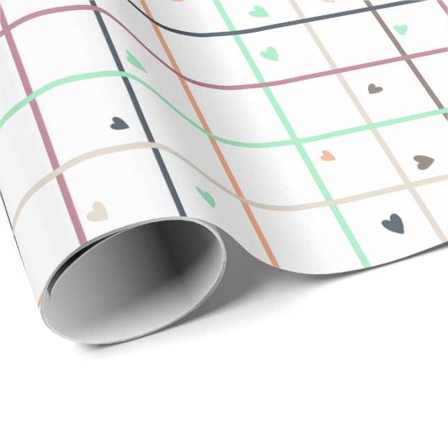 Geometriskt rutnät med spridda hjärtan presentpapper (Rullad Hörn)