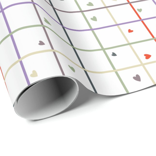 Geometriskt rutnät med utspridda hjärtan presentpapper (Rullad Hörn)