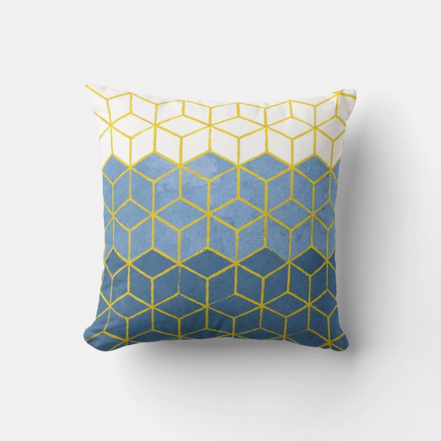 Geometriskt sexhörningsblått och guld kudde (Framsida)