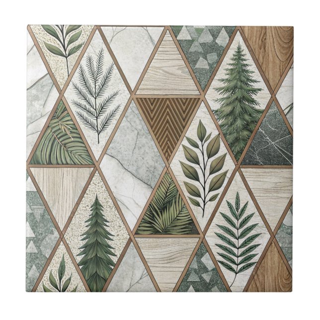 Geometriskt Skogs Tall & Marmor Blad Kakel Mönster (Framsidan)