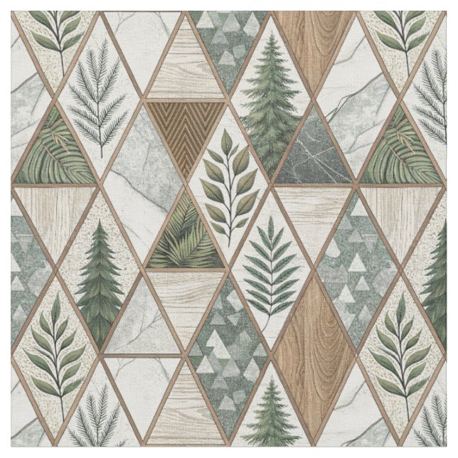 Geometriskt Skogs Tall & Marmor Blad Kakel Mönster Tyg (Närbild)