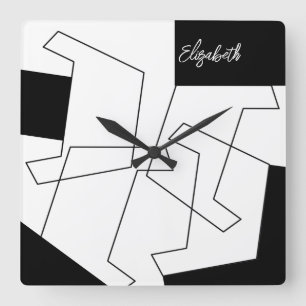 Geometriskt Trendig, svart och vit monogrammat Fyrkantig Klocka