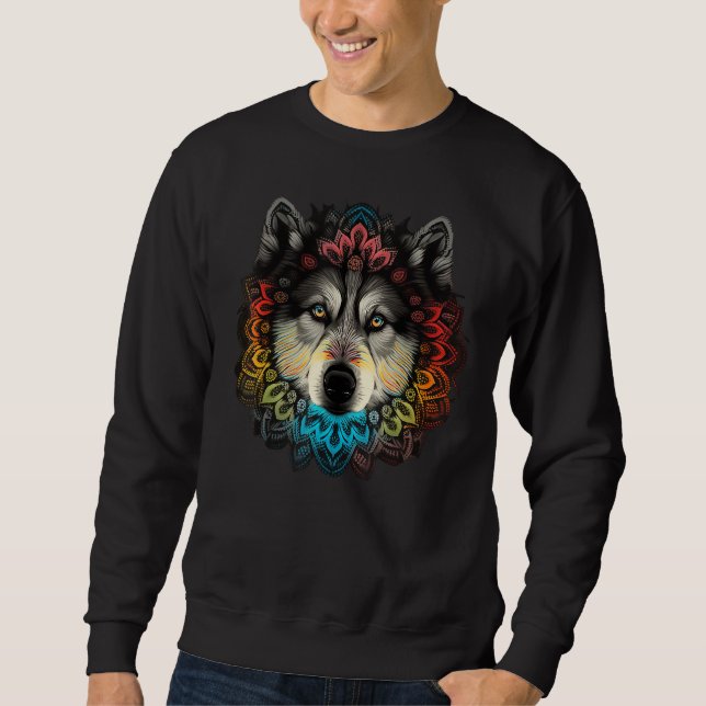 Geometry Alaskan Malamute Mandala 1 Lång Ärmad Tröja (Framsida)