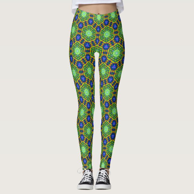 Geometry Blue Grönt Hexagon Vision Leggings (Framsida)